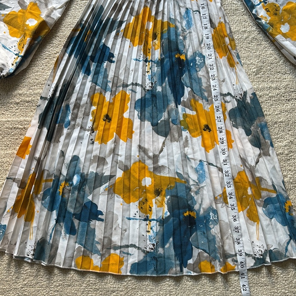 SHEIN White Floral Pleated Long Sleeve Midi Dress with Yellow & Blue Print - Picture 5 of 5